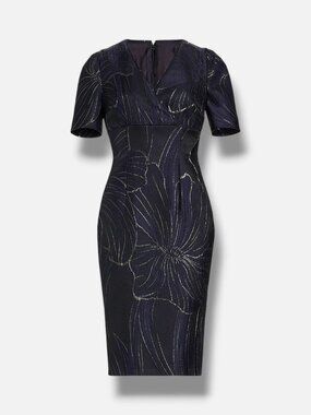 Talbot Runhof Women's Blue Metallic Floral-Jacquard Knee-Length Dress Size 16
